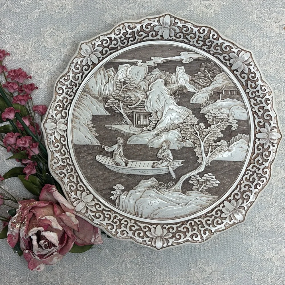 Vintage Asian Plate Ivory Dynasty Carved Art Sculpture Vintage Picture Plate